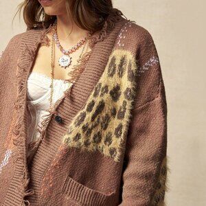 Coffee Brown Casual Women's Leopard Print Long Sleeve Cardigan Sweater